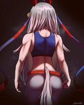 Rule 34 | 1girl, absurdres, animal ears, back, bare shoulders, blue hairband, blue sports bra, crop top, ear covers, from behind, grey hair, grey tail, hairband, headband, highres, horse ears, horse girl, long hair, muscular, muscular female, pants, red headband, solo, sports bra, striped clothes, striped hairband, sumosumo, sweat, tail, tamamo cross (umamusume), tamamo cross (with lightning speed) (umamusume), umamusume, umamusume: cinderella gray, very long hair, white pants