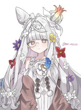 Rule 34 | 1girl, blue flower, blush, brown scarf, commentary request, cone hair bun, dress, fate/grand order, fate (series), flora (fate), flower, green eyes, grey hair, hair bun, hair flower, hair ornament, highres, long hair, meri 241205, scarf, twitter username, white dress
