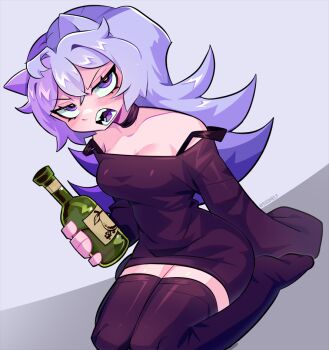 1girl ahoge alcohol animal_ears annoyed artist_name bare_shoulders black_choker black_shirt black_thighhighs bottle breasts cat_ears choker cleavage collarbone colored_lineart colored_tongue crossed_bangs double-parted_bangs double_strap_slip fangs flipped_hair half-closed_eyes hand_on_floor hand_rest holding holding_bottle kneeling knees_out_of_frame long_hair looking_at_viewer medium_breasts no_shoes off-shoulder_shirt off_shoulder open_mouth original purple_eyes purple_hair purple_tongue sashley shirt single_sleeve_past_fingers solo thighhighs thighs upturned_eyes v-shaped_eyebrows zettai_ryouiki