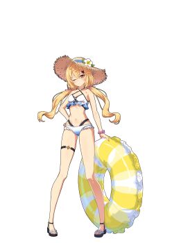 1girl absurdres alternate_costume bare_shoulders bikini blonde_hair blush closed_mouth commentary_request crossed_bangs flower frilled_bikini frills front-tie_bikini_top front-tie_top full_body hair_between_eyes hand_on_own_hip hat hat_flower head_tilt highres legs_apart long_hair looking_at_viewer luciana_de_montefio navel one_eye_closed open-toe_shoes pink_scrunchie red_eyes scrunchie simple_background solo sparkling_eyes stomach straw_hat swim_ring swimsuit thighs tsurumaki_negi twintails white_background white_bikini white_flower zenless_zone_zero