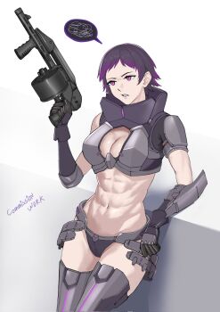 1girl :< abs against_wall armor armsel_striker bikini bikini_armor black_bikini black_gloves black_hair black_sleeves boots breasts cleavage cleavage_cutout clenched_teeth clothing_cutout colored_tips commission detached_sleeves empty_eyes girls'_frontline gloves grey_boots gun high_collar highres holding holding_behind_back holding_gun holding_weapon holding_weapon_behind_back large_breasts leg_armor mechanical_legs multicolored_hair name_connection navel no_headwear pauldrons pink_eyes purple_hair purple_lips sangvis_ferri seilindekos short_hair shotgun shoulder_armor single_pauldron solo spoken_squiggle squiggle stomach striker_(girls'_frontline) swimsuit teeth thigh_boots toned toned_female variant_set very_short_hair weapon