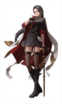 1girl absurdres adela_gro artist_request black_gloves black_hair black_survival boots braid braided_ponytail cane chess_piece closed_mouth coat coat_on_shoulders commentary english_commentary glasses gloves grey_eyes highres holding holding_chess_piece id_card necktie official_art red_necktie solo third-party_source transparent_background