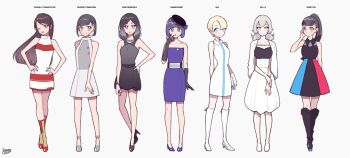 Rule 34 | 6+girls, arm behind back, black dress, black footwear, black gloves, blonde hair, blue dress, blue eyes, blue footwear, blue hair, boots, brown hair, dress, earrings, full body, game console, gamecube, gloves, grey eyes, grey footwear, grey hair, hand on own hip, hand up, hands on own hips, hat, high heel boots, high heels, jewelry, kisaragi yuu (fallen sky), long hair, looking at viewer, medium hair, multicolored dress, multiple girls, nintendo, nintendo 64, nintendo switch, one eye closed, original, personification, ponytail, red eyes, red footwear, shoes, short sleeves, signature, simple background, sleeveless, standing, super famicom, white background, white dress, white footwear, wii, wii u