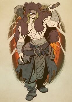 1girl abs arm_wrap armor axe barbarian battle_axe bear_pelt belt blonde_hair convenient_censoring female_barbarian forest fur_trim highres holding holding_axe leg_wrap looking_at_viewer muscular muscular_female nature no_pupils original pelt scale_armor scar scar_on_arm scar_on_stomach simple_background skirt smile solo tilingart topless_female weapon white_eyes