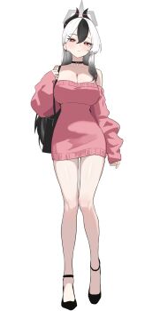 1girl absurdres alternate_breast_size_(larger) alternate_costume bag black_bag black_choker black_horns blue_archive breasts bright_pupils choker cleavage commentary_request demon_horns dress ear_piercing full_body grey_halo halo handbag highres horns kayoko_(blue_archive) keyan_art large_breasts multicolored_hair piercing pink_dress pink_sleeves red_eyes simple_background solo sweater sweater_dress thighs two-tone_hair white_background white_hair white_pupils