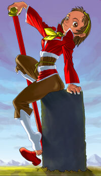 ascot ass brown_eyes brown_hair capcom hairband marvel marvel_vs._capcom marvel_vs._capcom_2 monkey sarashi short_hair sitting smile solo sonson staff toes