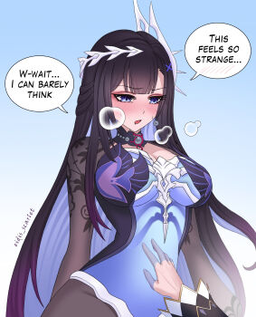 1girl absurdres artist_name black_hair blue_eyes blue_hair blush breasts breath eidis_scarlet english_text gradient_hair hair_ornament highres honkai:_star_rail honkai_(series) hysilens_(honkai:_star_rail) long_hair multicolored_hair open_mouth purple_hair see-through_body speech_bubble sweat