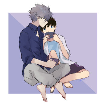 Rule 34 | 2boys, barefoot, blue eyes, blue shirt, border, closed mouth, collared shirt, commentary, cup, full body, grey hair, grey pants, highres, holding, holding cup, ikari shinji, invisible chair, male focus, multiple boys, nagisa kaworu, neon genesis evangelion, outside border, pants, shirt, short hair, signature, sitting, untranslatable commentary, teacup, white border, white shirt, yaoi, yorumi1117
