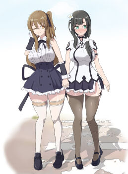 2girls ;) absurdres arm_at_side arm_cutout arm_strap arms_at_sides assault_lily averting_eyes bare_shoulders black_choker black_hair black_ribbon black_shoes black_skirt blunt_bangs blush breasts brown_hair brown_thighhighs buttons chinese_commentary choker closed_mouth clothing_cutout cloud collared_shirt commentary_request day detached_sleeves flower flower_knot frilled_skirt frilled_sleeves frills full_body green_eyes hair_between_eyes hair_flower hair_ornament hair_over_shoulder hair_ribbon hair_scrunchie hand_in_own_hair hand_up high-waist_skirt highres holding_hands interlocked_fingers kuo_shenlin large_breasts loafers long_hair looking_to_the_side mary_janes miniskirt multiple_girls neck_ribbon nose_blush one_eye_closed one_side_up outdoors raised_eyebrows ribbon school_uniform scrunchie shadow shirt shoes short_sleeves side-by-side sidelocks sideways_glance skirt sleeveless sleeveless_shirt smile standing thighhighs wang_yujia white_background white_flower white_scrunchie white_shirt white_thighhighs xingguang yellow_eyes yuri yurigaoka_girls_academy_school_uniform zettai_ryouiki
