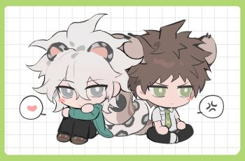 Rule 34 | 2boys, ahoge, anger vein, animal ears, black pants, blush stickers, brown hair, brown shoes, closed mouth, coat, collared shirt, commentary, danganronpa (series), danganronpa 2: goodbye despair, double-parted bangs, frown, green coat, green eyes, grid background, hair between eyes, heart, highres, hinata hajime, hugging own legs, indian style, jitome, kemonomimi mode, komaeda nagito, long sleeves, looking to the side, male focus, multiple boys, pants, quanyou 1103, shirt, shoes, sideways glance, sitting, snow leopard ears, snow leopard tail, speech bubble, spoken anger vein, spoken heart, tail, white hair, wing collar