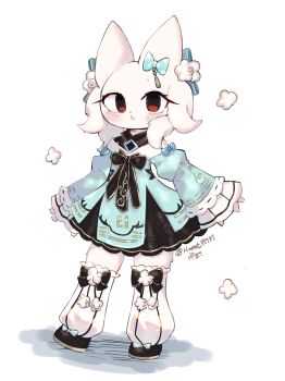 17hornet77987 1girl alternate_costume artist_name black_bow black_dress blue_bow blue_dress blush bow cat_girl chinese_commentary commentary_request dot_nose dress eyelashes full_body furry furry_female heng_(nine_sols) highres layered_dress looking_at_viewer nine_sols open_mouth red_eyes signature solo standing twitter_username white_fur