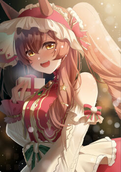 1girl animal_ears bare_shoulders blush bonnet bow box breasts brown_eyes brown_hair commentary_request dress frilled_bonnet frills gift gift_box hair_between_eyes hair_ornament highres holding holding_gift horse_ears horse_girl long_hair long_sleeves looking_at_viewer medium_breasts mejiro_bright_(starry_snow_lolita)_(umamusume) mejiro_bright_(umamusume) official_alternate_costume official_alternate_hairstyle open_clothes red_bonnet red_dress red_headdress smile solo star_(symbol) star_hair_ornament teeth twintails umamusume white_dress yume_30_31