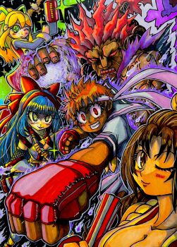 Rule 34 | 1boy, 4girls, absurdres, ainu clothes, akuma (street fighter), blonde hair, blue eyes, blue hair, blush, breasts, brown hair, capcom, capcom vs. snk, cleavage, clenched hands, crossover, fingerless gloves, flexing, gloves, green eyes, grin, hadouken, hair ribbon, highres, incoming attack, kasugano sakura, large breasts, legs, looking at viewer, mamahaha, medium breasts, mega man (series), midriff, multiple girls, muscular, muscular male, nakoruru, navel, one eye closed, open mouth, outstretched arm, pants, ponytail, red eyes, red hair, ribbon, roll (mega man), samurai spirits, school uniform, shiranui mai, short hair, skirt, small breasts, smile, snk, street fighter, teeth, the king of fighters, thighs, tongue, traditional media, weapon, wink