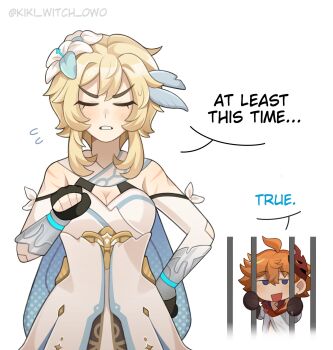 1boy 1girl ahoge bare_shoulders blonde_hair blue_eyes blush breasts cage cleavage closed_eyes commentary detached_sleeves dress fingerless_gloves flower genshin_impact gloves hair_flower hair_ornament hashtag-only_commentary highres kiki_witch large_breasts lumine_(genshin_impact) mask medium_hair open_mouth orange_hair pointing short_hair tartaglia_(genshin_impact) twitter_username white_dress yellow_eyes