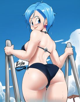 1girl absurdres artist_name ass bikini blue_bikini blue_eyes blue_hair blush breasts bulma cowboy_shot day derivative_work dragon_ball dragon_ball_super earrings echo_saber female_focus highres jewelry large_breasts looking_at_viewer looking_back matching_hair/eyes o-ring o-ring_bikini outdoors reference_work short_hair sideboob signature smile solo summer swimsuit thick_thighs thighs umbrella wet wide_hips