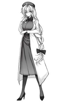 1girl :| absurdres arm_under_breasts belt bespectacled bow braid braided_ponytail breasts closed_mouth commission cross cross_print full_body glasses greyscale hair_bow hat high_heels highres lab_coat large_breasts long_hair looking_at_viewer monochrome nurse_cap pantyhose second-party_source simple_background solo touhou very_long_hair white_background yagokoro_eirin yinco