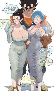 1boy 2girls black_hair breasts bulma chi-chi_(dragon_ball) cleavage covered_navel dongtan_dress dragon_ball dragonball_z dress earrings english_text fusion hair_bun hand_on_another's_shoulder highres huge_breasts husband_and_wife husband_and_wives imminent_threesome jewelry mature_female multiple_girls nia_(nia4294) partially_shaded_face potara_earrings short_hair single_hair_bun smile speech_bubble spiked_hair standing tight_clothes tight_dress vegetto
