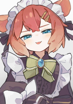 1boy :p absurdres apron black_bow black_dress blue_eyes bow bowtie brooch closed_mouth collared_dress commentary crossdressing crossdressing_(mtf) dot_nose double-parted_bangs dress frilled_apron frills green_bow green_bowtie hair_between_eyes hair_ornament hair_ribbon hairclip hand_up head_tilt highres jewelry komerina large_bow light_blush long_sleeves looking_at_viewer maid maid_apron maid_headdress male_focus male_maid medium_hair narrowed_eyes octopus_boy orange_hair original personification puffy_sleeves ribbon sidelocks simple_background sleeves_past_fingers sleeves_past_wrists smile solo tongue tongue_out trap umbrella_octopus unconventional_maid upper_body white_apron white_background white_headdress