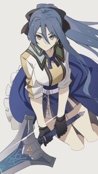 Rule 34 | ahoge, black gloves, blue hair, blue neckerchief, breasts, double-parted bangs, dress, eiyuu densetsu, george man, gloves, grey background, hair between eyes, highres, holding, holding sword, holding weapon, huge weapon, large breasts, laura s. arseid, long hair, looking at viewer, neckerchief, ponytail, sen no kiseki, sen no kiseki (series), sen no kiseki ii, simple background, sword, two-handed sword, weapon, yellow eyes