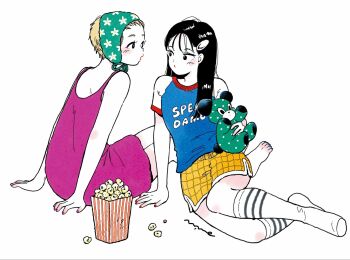 2girls bare_shoulders barefoot black_eyes black_hair blue_nails blue_shirt blush choppy_bangs clothing_request colored_skin commentary dress emamemamo33 fingernails floral_print food full_body hair_ornament hairclip highres holding kneehighs long_hair looking_at_another multiple_girls nail_polish original pink_dress polka_dot popcorn raglan_sleeves red_nails shirt short_hair shorts signature simple_background sitting socks striped_clothes striped_socks stuffed_animal stuffed_toy teddy_bear toenail_polish toenails traditional_media white_background white_skin yellow_shorts yokozuwari