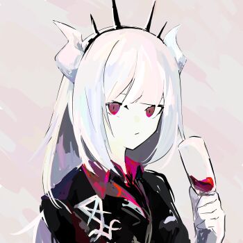 1girl alcohol bad_id bad_pixiv_id black_suit crown cup drinking_glass envi_ss formal_clothes helltaker highres horns looking_at_viewer lucifer_(helltaker) red_shirt shirt solo solo_focus suit white_background white_hair wine wine_glass