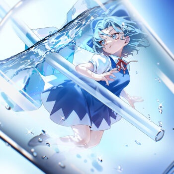 1girl air_bubble aqua_eyes aqua_hair black_shoes blue_bow blue_dress bow bubble cirno closed_mouth collared_shirt commentary_request cup dress drinking_glass drinking_straw hair_bow highres holding_breath ice ice_cube looking_up neck_ribbon pinafore_dress puffy_short_sleeves puffy_sleeves red_ribbon ribbon shirt shoes short_hair short_sleeves sleeveless sleeveless_dress solo submerged touhou u_u_zan water white_shirt