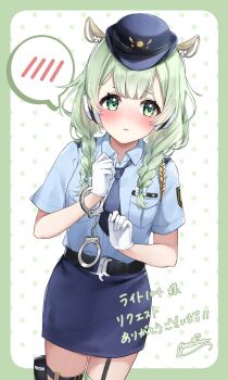 1girl animal_ears belt belt_buckle black_belt black_garter_straps blue_hat blue_necktie blue_shirt blue_skirt blush bow bowtie braid breast_pocket buckle collared_shirt commentary_request commission cuffs deer_ears garter_straps gloves green_eyes green_hair hair_bow handcuffs hat headphones highres miniskirt multiple_hair_bows natori_hinata necktie pencil_skirt pocket police police_hat police_uniform policewoman polka_dot polka_dot_background project_nebula shirt short_sleeves skeb_commission skirt solo spoken_blush thigh_strap twin_braids virtual_youtuber white_bow white_bowtie white_gloves yoshinone