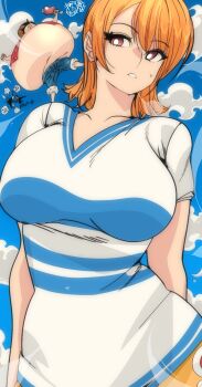 Rule 34 | 1girl, 3boys, absurdres, black hair, blue shorts, blue sky, boned meat, breasts, brown eyes, cloud, cloudy sky, collarbone, commentary request, duel, food, hat, highres, holding, holding food, holding sword, holding weapon, inflation, katana, kicking, kinakomochi (user vedc2333), large breasts, meat, monkey d. luffy, multiple boys, nami (one piece), one piece, orange hair, parted lips, puff of air, red vest, roronoa zoro, sanji (one piece), shirt, short hair, short sleeves, shorts, signature, sky, straw hat, sweatdrop, sword, upper body, v-neck, vest, weapon, white shirt