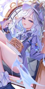 1girl absurdres blue_eyes blue_hair breasts food fork furina_(genshin_impact) genshin_impact hat highres holding holding_fork looking_at_viewer mumu_(2arlcevpxn83807) open_mouth pancake sitting small_breasts solo