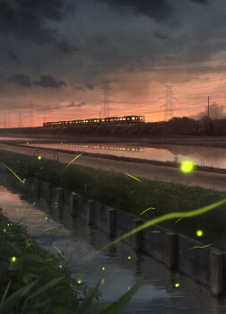 bug canal cloud commentary_request dusk firefly grass highres insect karanagi multiple_unit_train no_humans original outdoors plant power_lines reflection reflective_liquid rice_paddy scenery sky train transmission_tower utility_pole