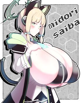 1girl alternate_breast_size_(larger) animal_ears blonde_hair blue_archive border breasts bursting_breasts cat_ears cat_tail character_name female_focus green_eyes green_necktie grey_background halo headphones huge_breasts jacket kuyu730 looking_at_viewer midori_(blue_archive) necktie pale_skin shiny_skin solo standing tail white_border white_jacket