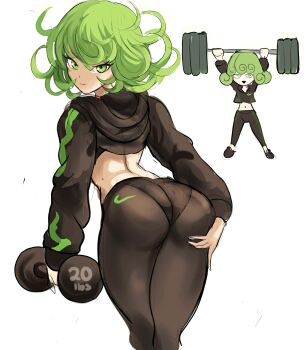 1girl absurdres ass ass_grab ass_support barbell deep_skin exercising fantasy female_focus floating floating_object from_behind glowing green_eyes green_hair highres hood hood_down leggings levitation looking_at_viewer looking_back magic matching_hair/eyes midriff navel one-punch_man pants pantylines psychic rakeemspoon shiny_clothes short_hair smile solo tatsumaki telekinesis yoga_pants