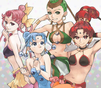 1990s_(style) 4girls amazoness_quartet bikini bikini_top_only bindi bishoujo_senshi_sailor_moon bishoujo_senshi_sailor_moon_supers blue_eyes blue_hair bow cerecere_(sailor_moon) ear_covers earrings flower green_eyes green_hair hair_bow hair_bun hair_rings jewelry junjun_(sailor_moon) leotard long_hair midriff multi-tied_hair multiple_girls navel pallapalla_(sailor_moon) pink_hair purple_eyes rc red_eyes red_hair retro_artstyle short_hair single_hair_bun smile swimsuit twintails vesves_(sailor_moon)