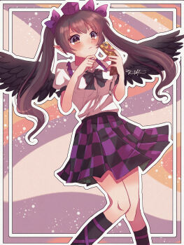 1girl :/ absurdres adversarial_noise black_bow black_bowtie black_skirt black_socks black_wings blush border bow bowtie brown_background brown_eyes brown_hair calligraphy_brush cellphone_charm charm_(object) checkered_clothes checkered_skirt feathered_wings feet_out_of_frame hat highres himekaidou_hatate holding holding_phone knees konpota_(pixiv_113398422) long_hair paintbrush phone pointy_ears purple_bow purple_skirt shirt short_sleeves skirt socks solo tokin_hat touhou wavy_background white_border white_shirt wings