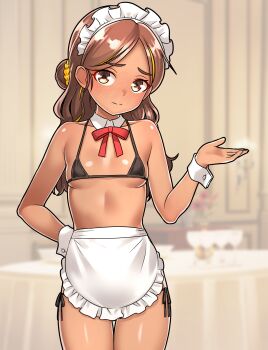 1girl absurdres apron bikini black_bikini brown_hair closed_mouth commentary_request dark-skinned_male dark_skin embarrassed furaggu_(frag_0416) hand_on_own_hip highres kantai_collection long_hair looking_at_viewer maid maid_headdress micro_bikini neck_ribbon red_ribbon ribbon side-tie_bikini_bottom solo standing stomach swimsuit thighs thonburi_(kancolle) variant_set waist_apron white_wrist_cuffs wrist_cuffs