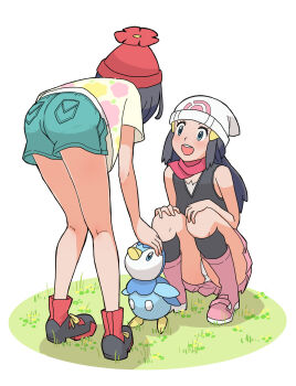 2girls animal ass beanie bird black_hair black_shirt black_socks blue_eyes blue_shorts blush boots breasts crotch_seam dawn_(pokemon) denim denim_shorts floral_print from_behind gen_4_pokemon grass hair_ornament hairclip hat highres knee_boots kneehighs leaning_forward long_hair looking_at_another multiple_girls nintendo open_mouth panties penguin petting pink_boots pink_skirt piplup poke_ball_print poke_ball_symbol pokemon pokemon_(creature) pokemon_dppt pokemon_sm print_headwear print_shirt red_boots red_hat red_scarf scarf selene_(pokemon) shirt short_hair short_sleeves shorts skirt sleeveless sleeveless_shirt small_breasts smile socks squatting standing sumiyama teeth underwear white_background white_hat white_panties white_shirt