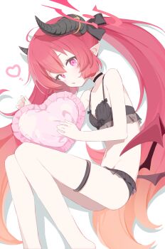 Rule 34 | 1girl, absurdres, black bra, black choker, black panties, blue archive, blush, bra, breasts, choker, collarbone, commentary request, demon girl, demon horns, demon wings, frilled panties, frilled pillow, frills, gradient hair, hair between eyes, halo, heart, heart-shaped pillow, highres, horns, junko (blue archive), lingerie, long hair, looking at viewer, lying, multicolored hair, navel, on side, orange hair, panties, parted lips, pillow, pink eyes, pointy ears, red hair, red halo, red wings, revision, simple background, skinny, small breasts, solo, thigh strap, twintails, underwear, underwear only, urotsuki (ku9625), very long hair, white background, wings