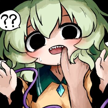 1girl 1other ? ?? biting_another&#039;s_finger black_eyes black_hat buttons diamond_button finger_in_another&#039;s_mouth frilled_shirt_collar frilled_sleeves frills green_hair hat heripantomorrow komeiji_koishi pov pov_hands sharp_teeth shirt spoken_question_mark teeth touhou wide_sleeves yellow_shirt