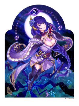 1girl artist_name breasts bridal_gauntlets cleavage closed_mouth commentary drawing_sword electricity english_commentary floating from_above full_body genshin_impact glowing glowing_sword glowing_weapon hair_ornament head_tilt highres holding holding_sword holding_weapon huge_breasts human_scabbard japanese_clothes katana kimono lingerie mitsudomoe_(shape) mole mole_under_eye moon musou_isshin_(genshin_impact) neck_ribbon night off_shoulder outdoors purple_eyes purple_hair purple_kimono purple_thighhighs raiden_shogun red_ribbon red_sash ribbon sash shaun_ykj sky solo star_(sky) starry_sky sword sword_between_breasts thighhighs tomoe_(symbol) underwear weapon wide_sleeves