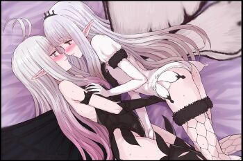 2girls absurdres airy_(bravely_default) anne_(bravely_second) antenna_hair ass black_boots black_gloves black_leotard black_thighhighs black_wings blue_eyes blush boots bravely_default:_flying_fairy bravely_default_(series) bravely_second:_end_layer breasts brown_eyes butterfly_wings commission commissioner_upload elbow_gloves eye_contact face-to-face fairy fairy_wings fingering fishnet_thighhighs fishnets fur_trim gloves grabbing_another's_breast grey_hair groping gulp5959 highleg highleg_leotard highres insect_wings leotard long_hair looking_at_another lying multiple_girls mutual_masturbation on_side pointy_ears skeb_commission small_breasts smile thigh_boots thighhighs thighs white_gloves white_leotard white_wings wings yuri