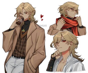 1boy belt blonde_hair cup genshin_impact hair_between_eyes highres holding holding_cup jewelry kaveh_(genshin_impact) long_coat medium_hair multiple_rings multiple_views pants red_eyes red_scarf ring scarf shirt sweater_vest turtleneck white_background white_pants white_shirt