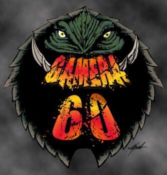 anniversary artist_name black_background character_name copyright_name english_text gamera gamera_(series) green_eyes grey_background kadokawa kaiju looking_at_viewer nightwolf_studios no_humans sharp_teeth simple_background storm_cloud teeth turtle turtle_shell tusks two-tone_background