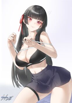 1girl absurdres black_bra black_hair black_skirt blush bra breasts chisa_(wuthering_waves) cleavage commentary_request hair_ribbon highres hinato_(hinato_25) large_breasts lips long_hair looking_at_viewer measuring mole mole_under_eye navel red_eyes red_ribbon ribbon skirt solo stomach tape_measure thigh_strap thighs underwear wuthering_waves