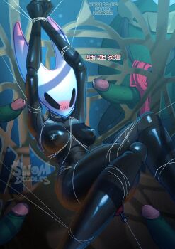 1girl 4boys absurdres anal anal_beads anal_object_insertion arms_up arthropod_girl bdsm black_skin blush breasts cage cloak colored_skin english_text green_skin highres hollow_knight hollow_knight:_silksong hornet_(hollow_knight) large_breasts multiple_boys nipples object_insertion penis rape red_cloak sex_toy shiny_skin snomdoodles ugly_bastard