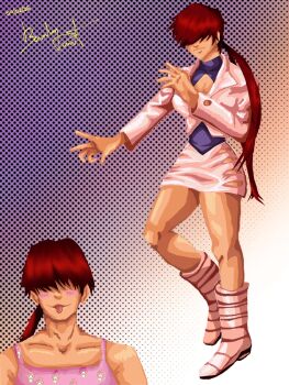 Rule 34 | 1girl,   bowiee  , boots, breasts, cleavage, cleavage cutout, clothing cutout, dress, huge breasts, large breasts, long hair, pale skin, ponytail, red hair, shermie (kof), skirt, the king of fighters, thick thighs, thighs, twintails