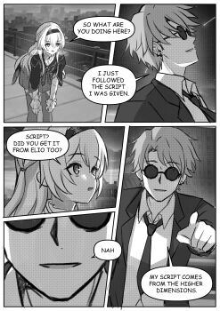 absurdres building collared_shirt cropped_jacket english_text firefly_(honkai:_star_rail) formal_clothes heavy_breathing highres honkai:_star_rail honkai_(series) jimpu6 necktie on_rooftop pointing rooftop scenery shirt skott_(honkai:_star_rail) speech_bubble suit sunglasses sweatdrop