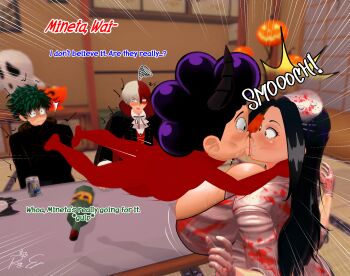 1girl 3boys black_hair blurry boku_no_hero_academia bottle breasts demon_horns depth_of_field dress emphasis_lines english_text eye_contact facial_mark french_kiss gloom_(expression) gloves green_hair halloween_costume hat hetero horns huge_breasts indoors kiss long_hair looking_at_another medium_hair midoriya_izuku mineta_minoru multicolored_hair multiple_boys nurse_cap purple_hair red_hair rey_ero saliva short_hair signature sitting size_difference surprised todoroki_shoto two-tone_hair white_dress white_gloves wine_bottle yaoyorozu_momo