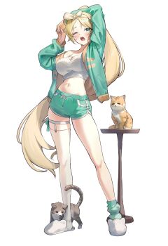 1girl absurdres black_survival blonde_hair breasts commentary_request eternal_return:_black_survival green_eyes highres iiyo125 korean_commentary large_breasts long_hair looking_at_another navel nicky_blake one_eye_closed open_mouth simple_background single_bare_shoulder single_thighhigh solo thighhighs thighs very_long_hair white_background white_thighhighs