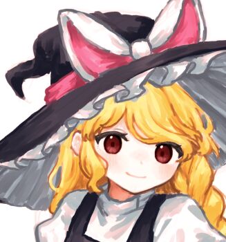 1girl black_vest blonde_hair blush braid closed_mouth frills hat hat_ribbon kirisame_marisa long_hair looking_at_viewer natucurage red_eyes ribbon shirt smile solo touhou upper_body vest white_background white_shirt witch_hat