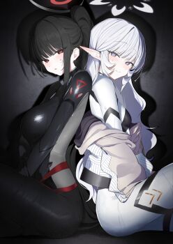 2girls absurdres back-to-back black_bodysuit black_hair blue_archive blush bodysuit breasts brown_jacket closed_mouth commentary commentary_request cowboy_shot ear_blush elf from_side gloves halo highres himari_(blue_archive) himari_(bodysuit)_(blue_archive) jacket jacket_partially_removed large_breasts long_hair looking_at_viewer looking_to_the_side multiple_girls official_alternate_costume pointy_ears ponytail purple_eyes red_eyes ringed_eyes rio_(blue_archive) rio_(bodysuit)_(blue_archive) sitting skin_tight small_breasts small_sweatdrop smile solo sweat symbol-only_commentary very_long_hair white_bodysuit white_hair white_halo zanya_000